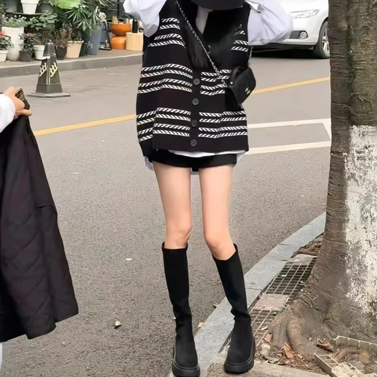 Chaleco de Punto Holgado con Cuello en V para Mujer, Verano 2025, Nuevo, a Rayas, Abierto, Cómodo, Mezcla de Poliéster