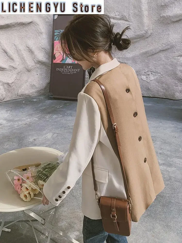 Women Beige Back Button Color-block Big Size Blazer New Lapel Long Sleeve Jacket Fashion Tide Spring Autumn