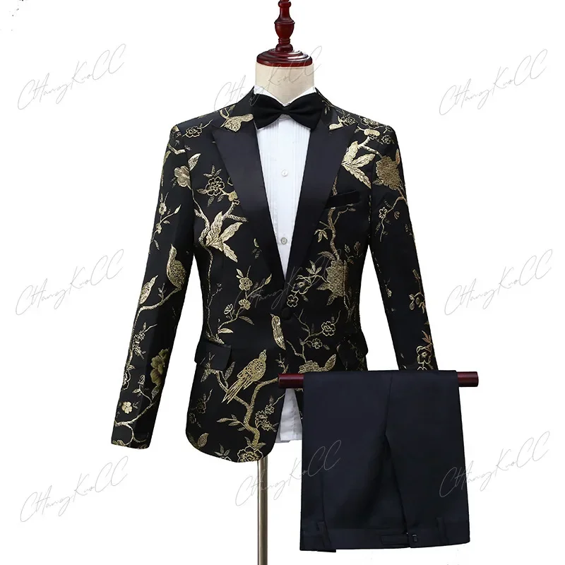 Men's Flower Suit Woodpecker Jacquard Open Lapel Slimfit Fashion Suit Banquet Business Performance MC Host Long Sleeve Coat Suit