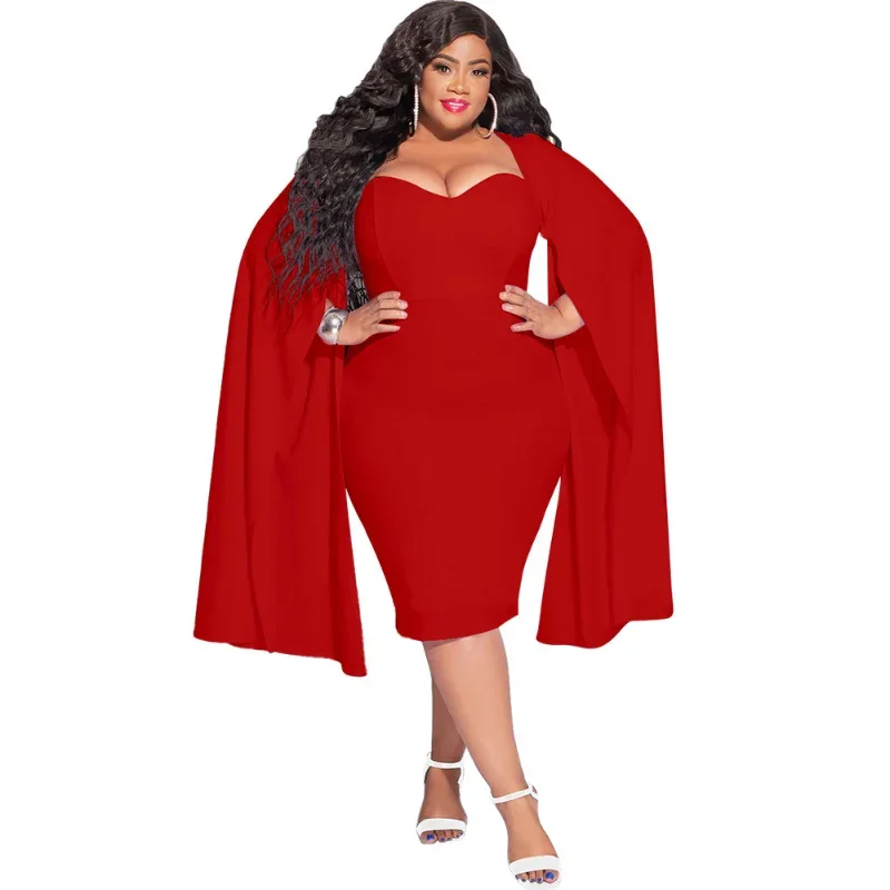 KEXU Fashion Plus Size Women Clock Long Sleeve Bandage Bodycon Knee Length Curve Dress Evening Sexy Party Club Dresses