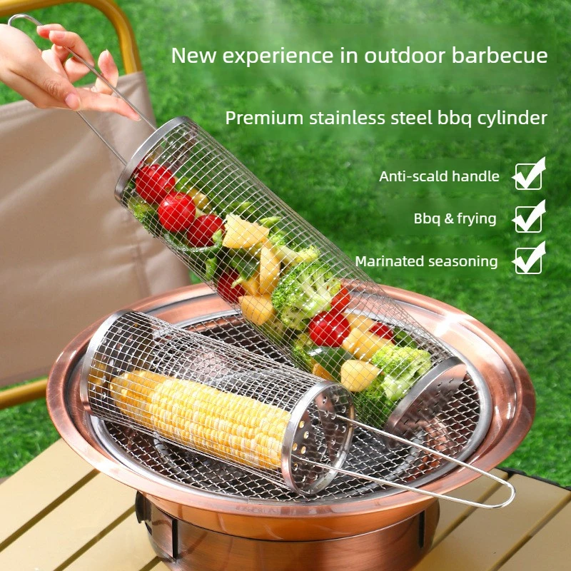 

Rolling Grill Basket Stainless Steel Portable Outdoor Camping BBQ Grill Mesh Rotating Barbecue Tool for Campers & Picnic Lovers