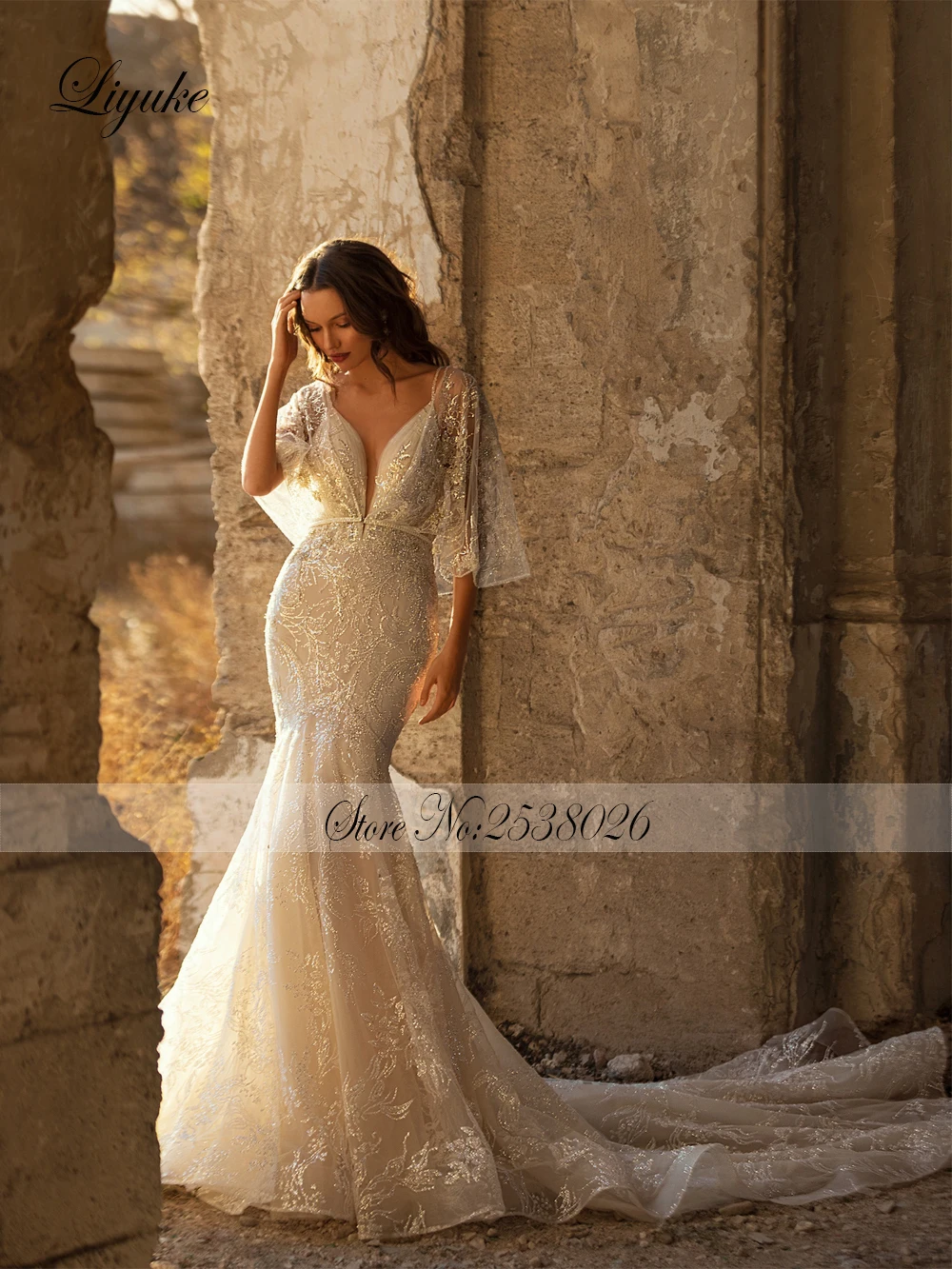 Liyuke Luxury Edecorated with shiny lace Mermaid Wedding Dress Decorated With Beads Uniquely Shaped Cape V-Neck Bridal Gowns