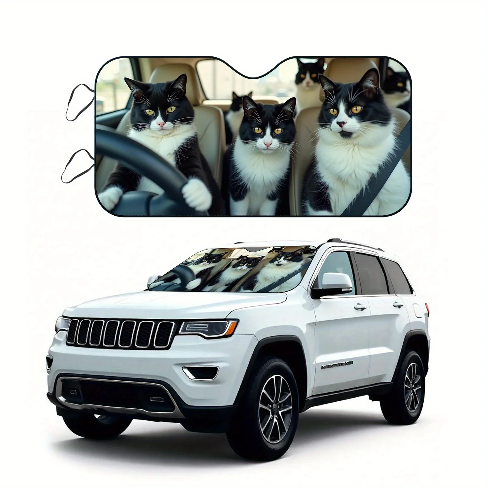 

1pc Cute Black & White Tabby Cat Car Sunshade with 4 Window Cutouts (Driver/Passenger/Rear/Center Console) - Portable Foldable W