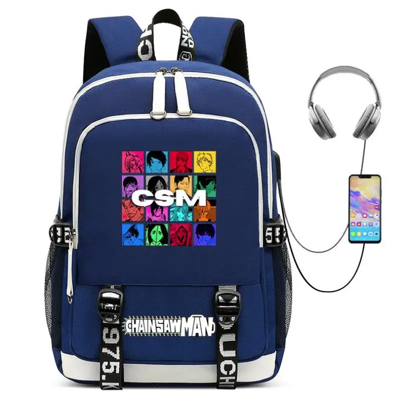 The Chainsaw Man Girls Backpack Fashion Teenager Bookbag Printing Canvas USB Charging Backpacks Laptop School-Bags Travel Female