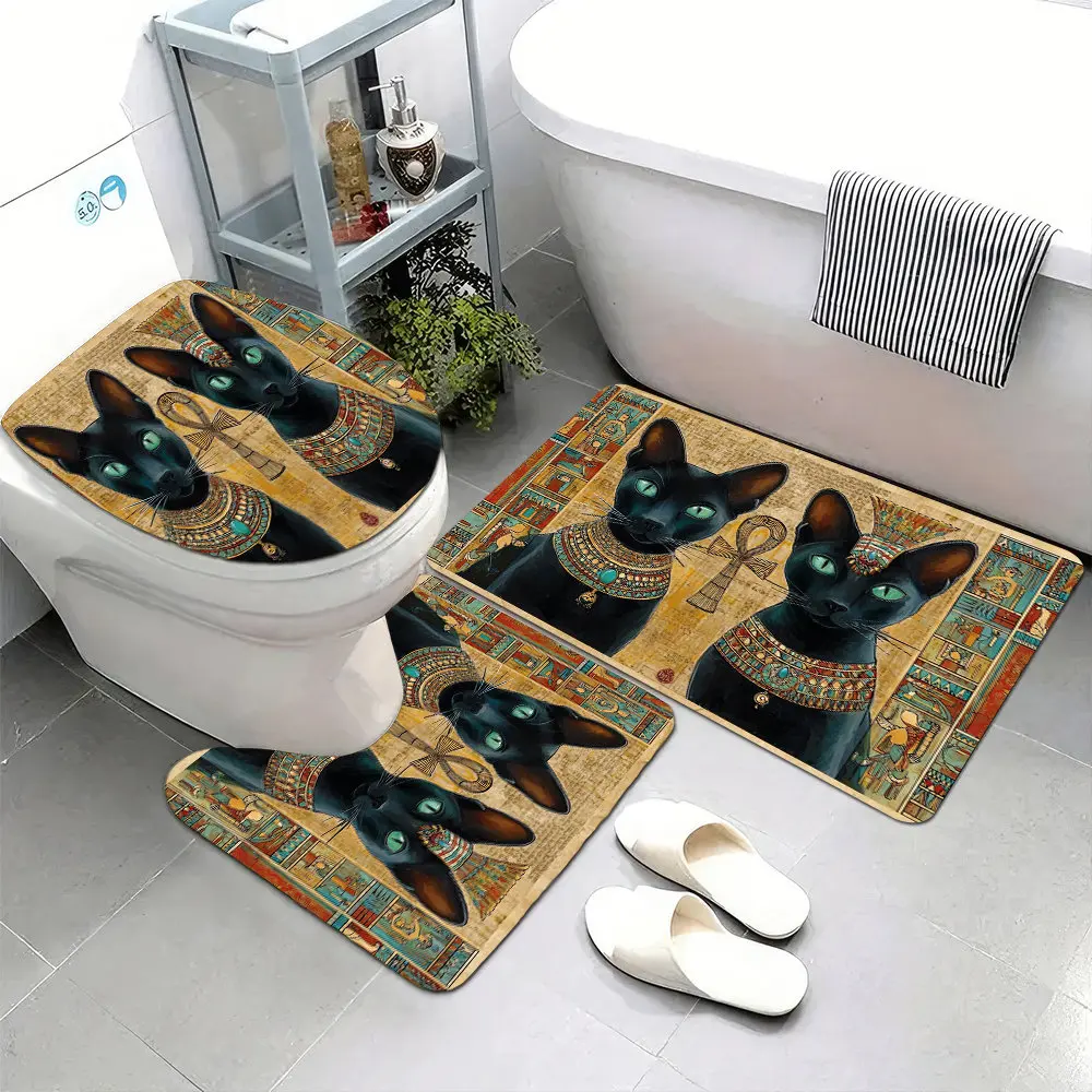 

Набор из 3 ультрамягких ковриков для ванной комнаты с нескользящей основой, с рисунком в египетском стиле: две черные кошки