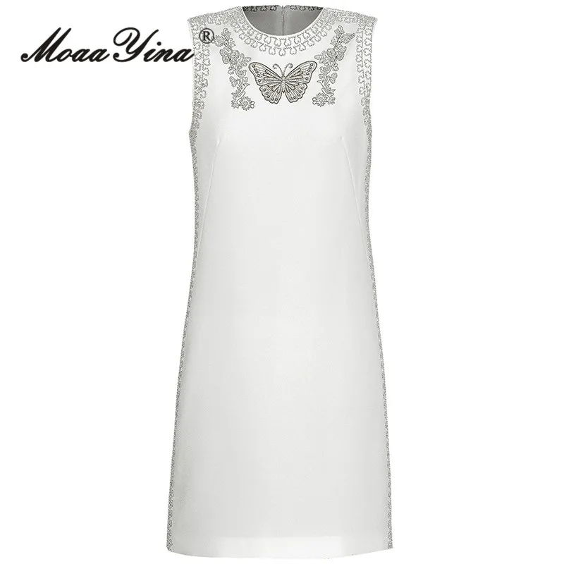 

MoaaYina New Summer Fashion Runway Short White dress Women's Sleeveless Elegant Beading embroidery Mini Dresses