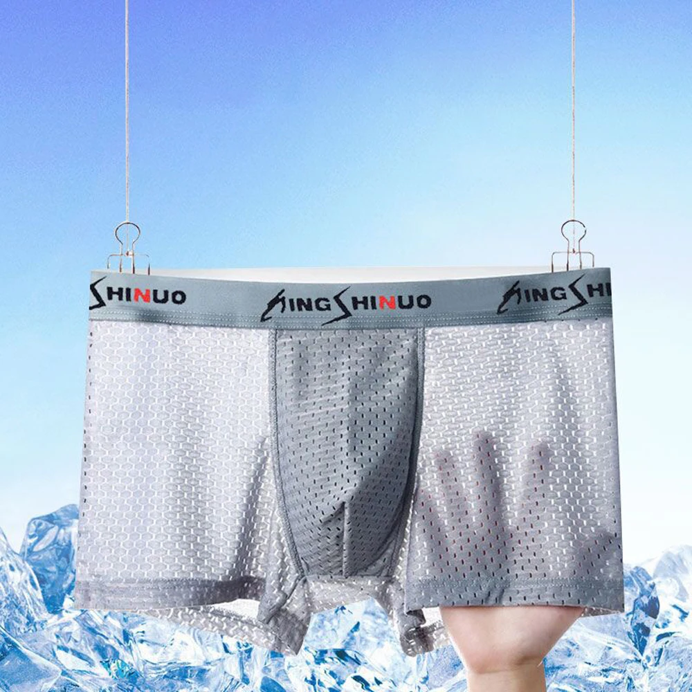 Mesh Men\'s Boxer Shorts Sexy U Convex Pouch Panties Breathable Male Underwear Hollow Plus Size Graphene Antimicrobial Underpants