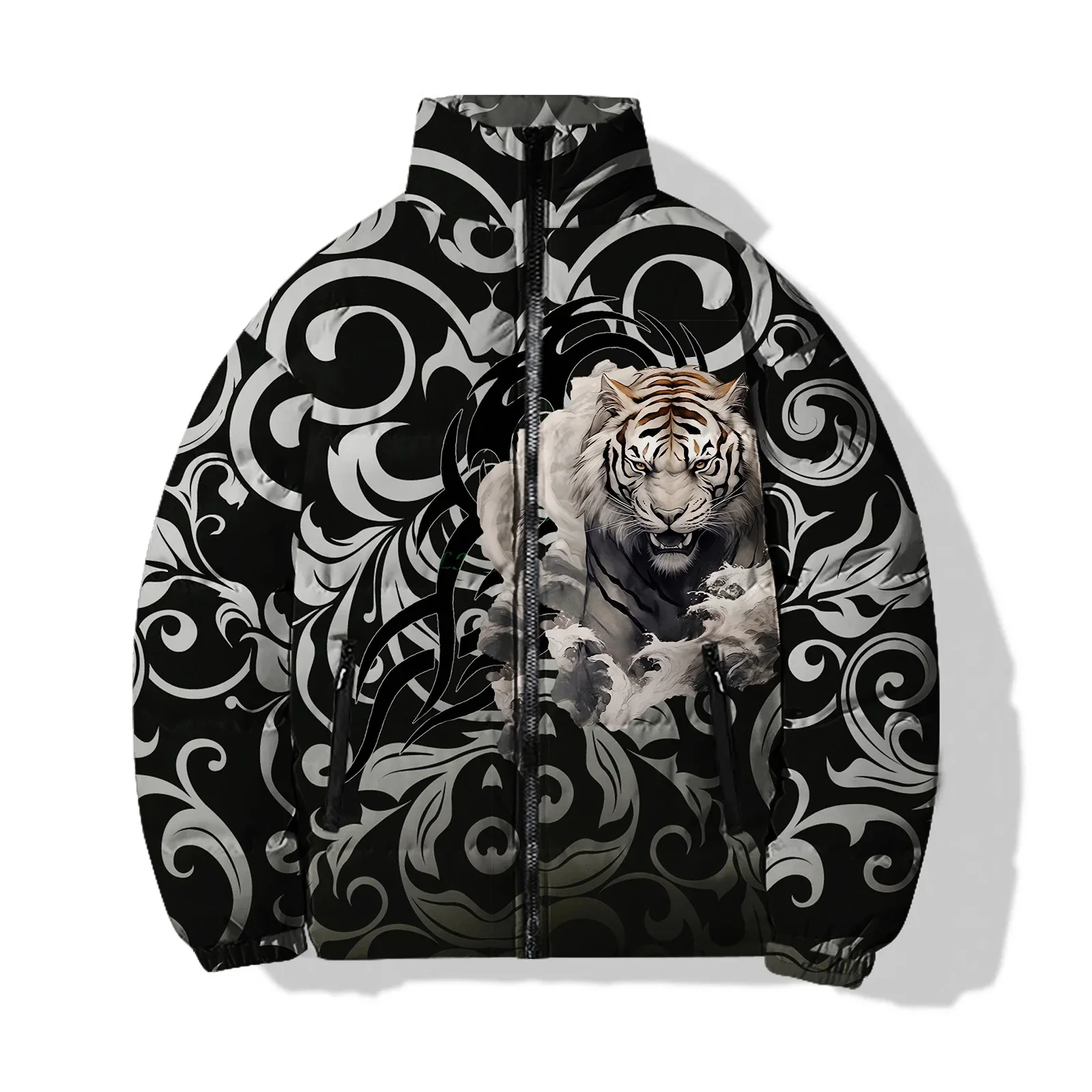 Men\'s Winter Casual Cotton Coat Parka Harajuku Streetwear Tiger and Lion Print Jacket Jackets Man Mens Clothing Coats Cold