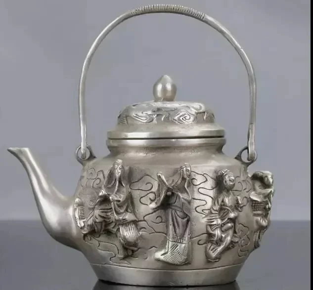 Chinese Silver Copper Handwork Carved The Eight Immortals Teapot