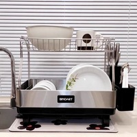 2-Tier 304 Stainless Steel Dish Drainer Large Capacity Kitchen Drying Rack with Knife Holder Space-Saving Utensil Organizer