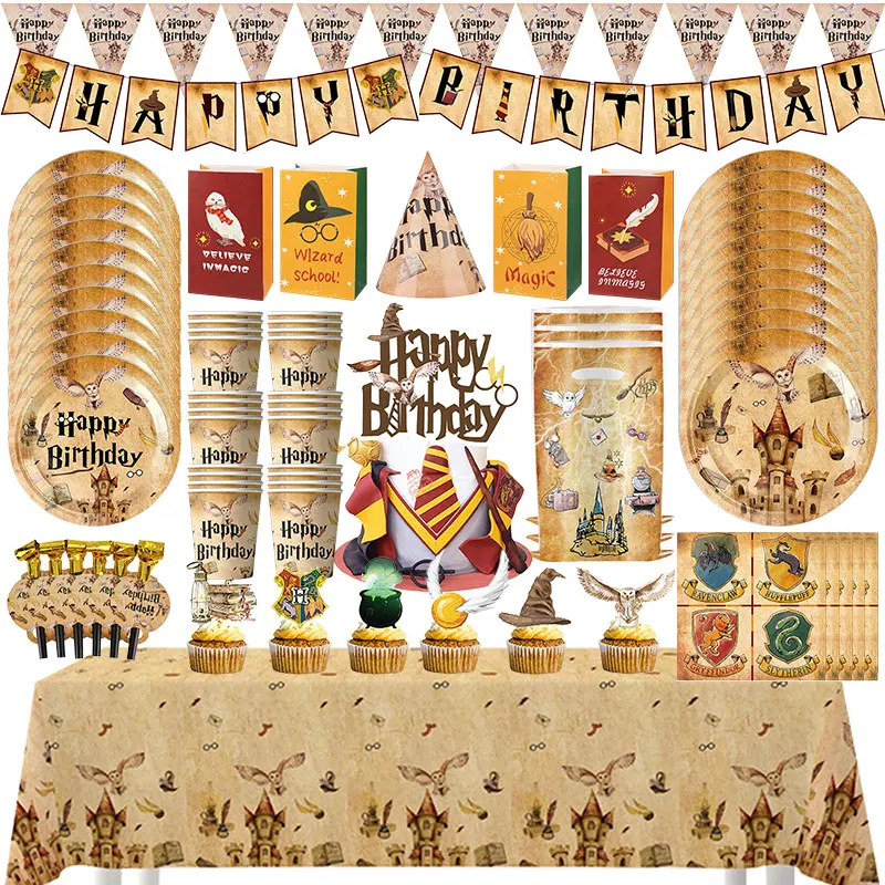 Decoração de Aniversário com Tema da Academia Mágica, Conjunto de Utensílios de Mesa, Copos, Pratos, Guardanapos, Toalha de Mesa, Balões, Faixa, Sacolas de Presente, Suprimentos para Festa Infantil