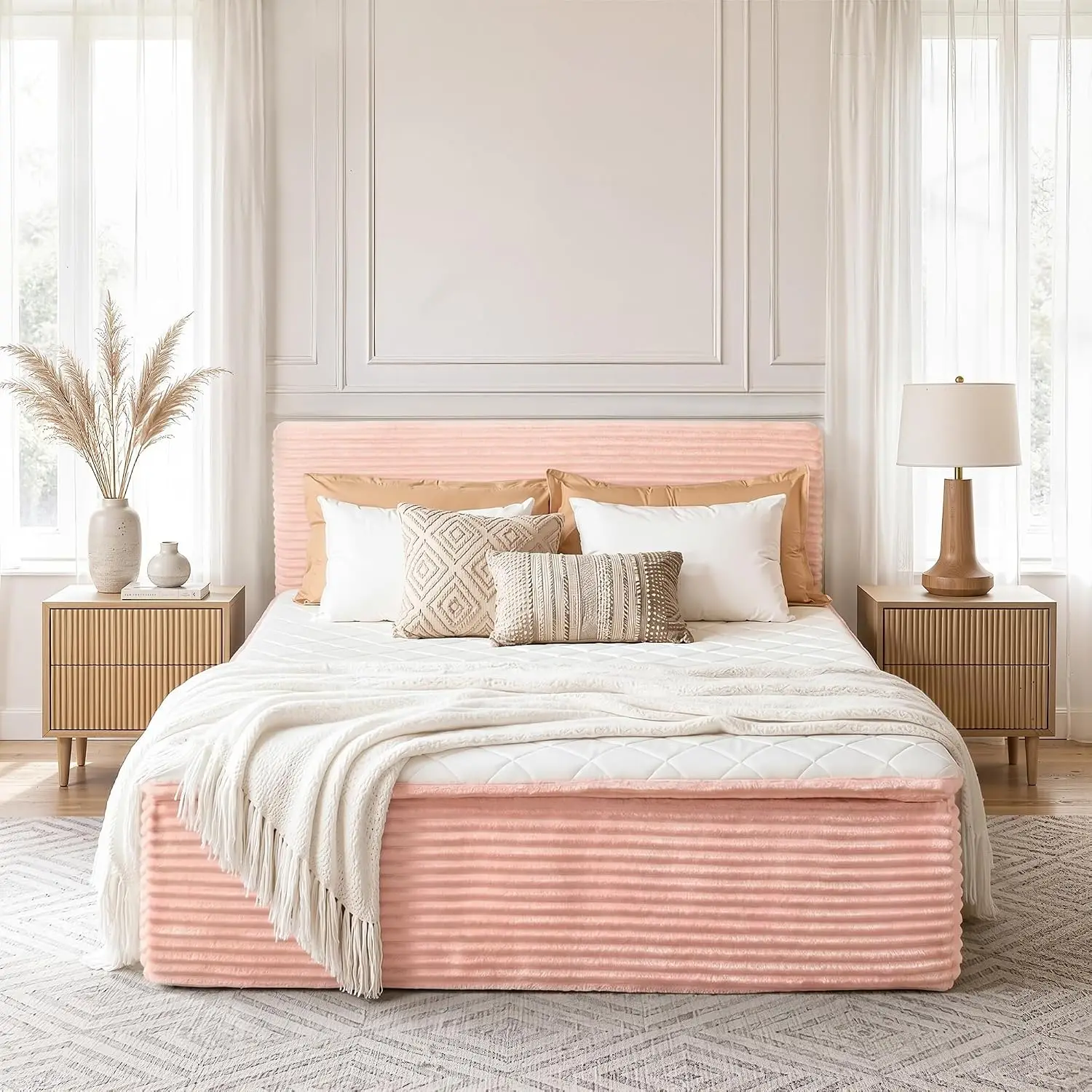 16 Inch Memory Foam Mattress & Upholstered Platform Bed Frame, No Assembly Required, Medium Support, Pink, Customized