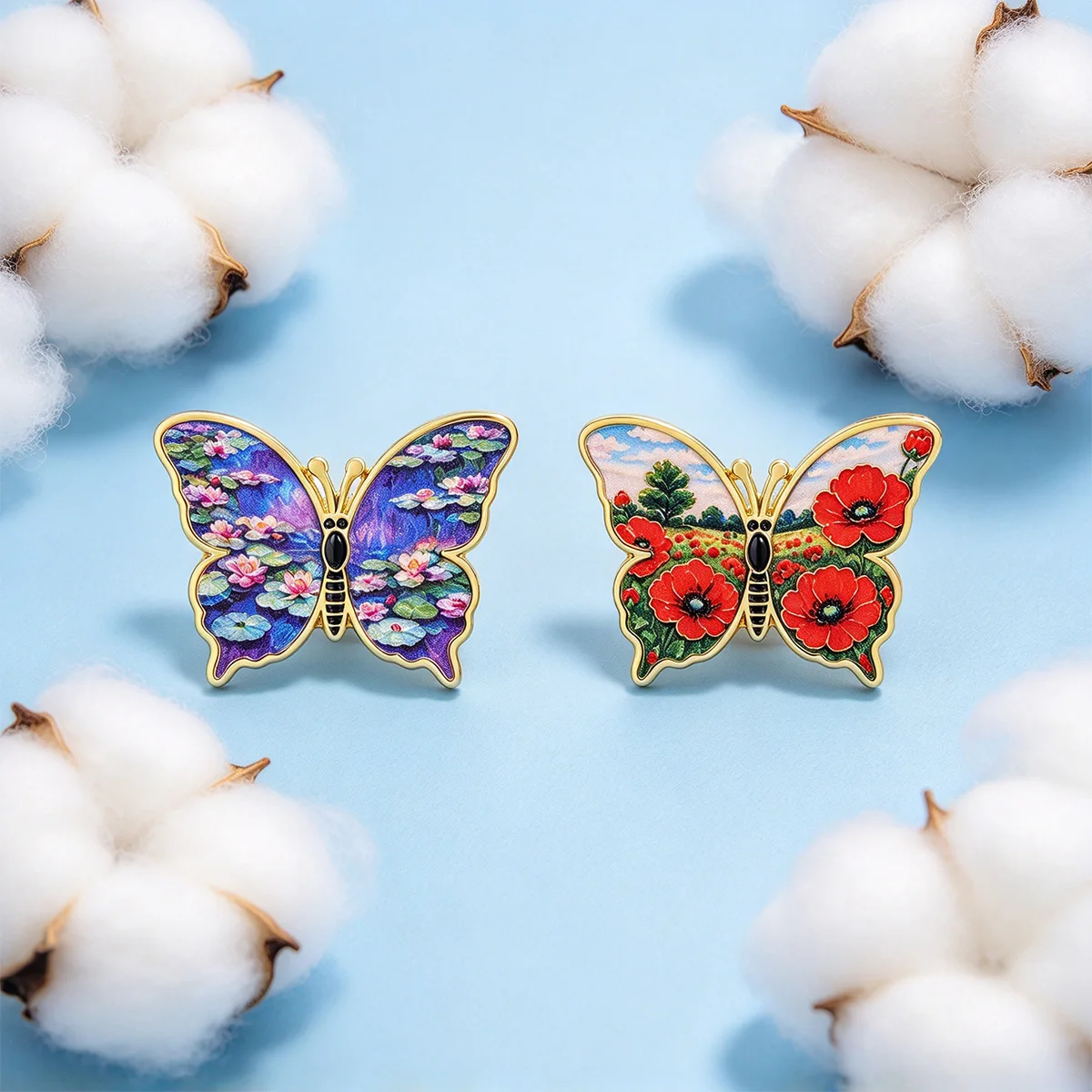 2Pcs/Set Oil Painting Butterfly Enamel Pins Monet Water Lilies & Poppy Flower Lapel Badge Art Painting Brooch Jacket Decor Gift