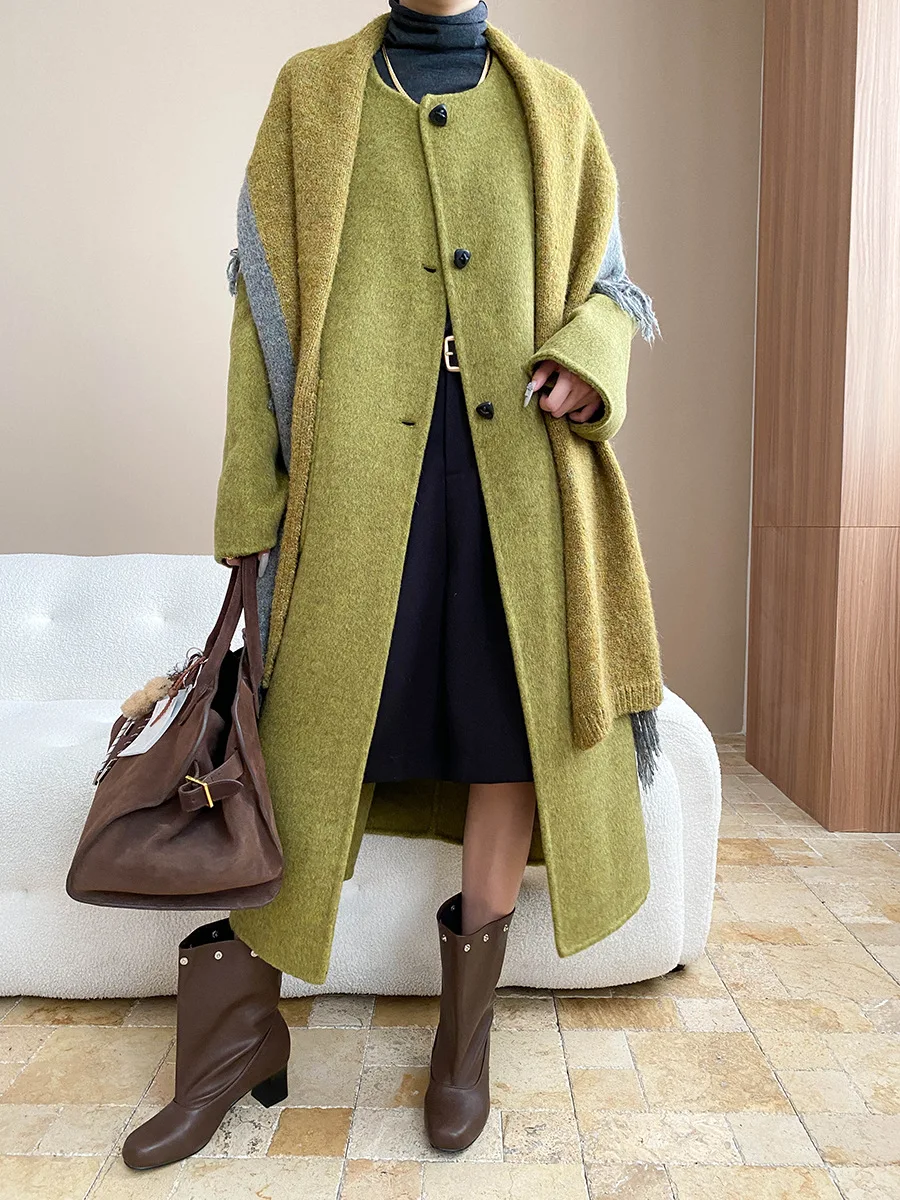 Winter women's casual solid color fashionable tassel scarf loose double-sided woolen coat jacket