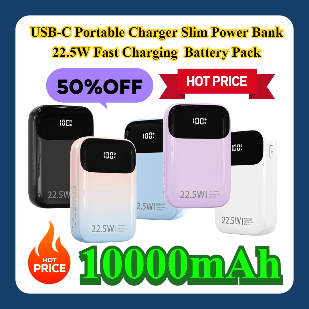 USB-C Portable Charger Slim Power Bank 22.5W Fast Charging 10000mAh Battery Pack
