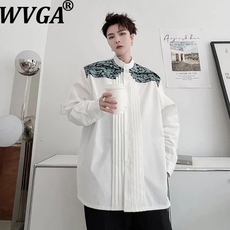 

WVGA весна осень новая мужская лоскутная плиссированная модная рубашка с длинным рукавом с принтом нишевая шикарная повседневная корейская версия топы Ins W17361
