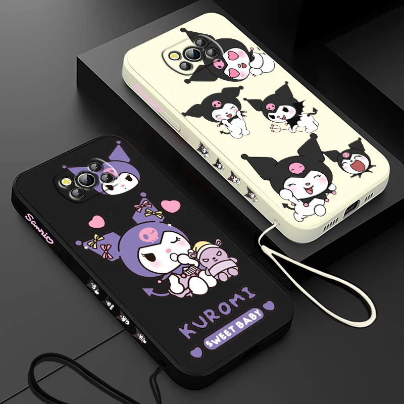 Kuromi Sanrio Little Devil For Xiaomi Poco Cover For X4 X3 F4 NFC M6 M5 M4 M3 GT S Pro 4G 5G Liquid Left Rope Phone Case