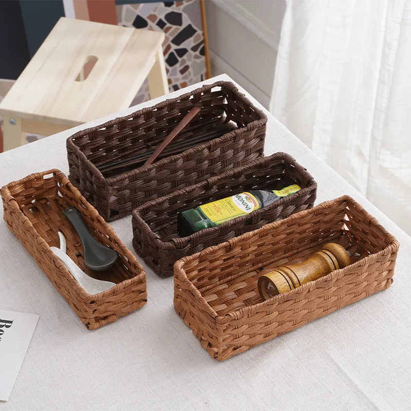 

Imitation Rattan Tableware Basket Creative Storage Basket Drain Chopsticks Box Rack Knife Fork Basket Storage Organizers