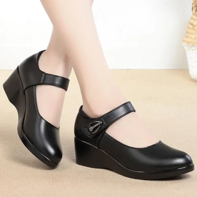 Women Fashion High Quality Wedge Heel Shoes for Spring Summer Lady Casual Street Comfort Black High Heel Shoes for Student A06