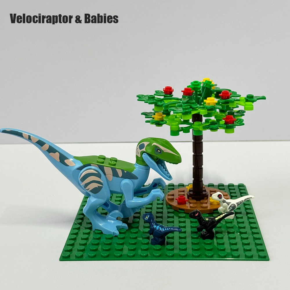 子供のためのmoc-velociraptorビルディングブロック,大きな木,森の花,小さな木のモデル,恐竜のおもちゃ,DIYギフト