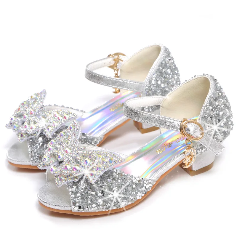 Girls Sandals Summer Princess High Heels Silver Bright Diamond Bowknot Dress Children's Soft Soled Fish Mouth Party Dance Shoe