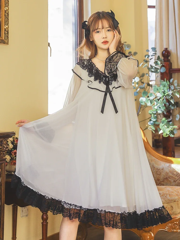 French Court Princess Style Nightdress Women's Spring Autumn Lace Sweet White Pajamas Homewear Sleepshirts