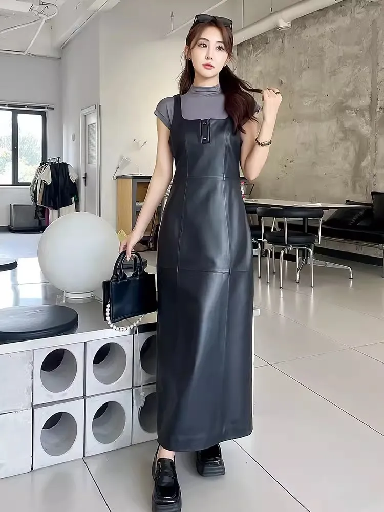 New Sleeveless Genuine Leather Dress Women High Waist Slim Fit Elegant Tank Dresses Lady Black Real Sheepskin Strap Long Dress