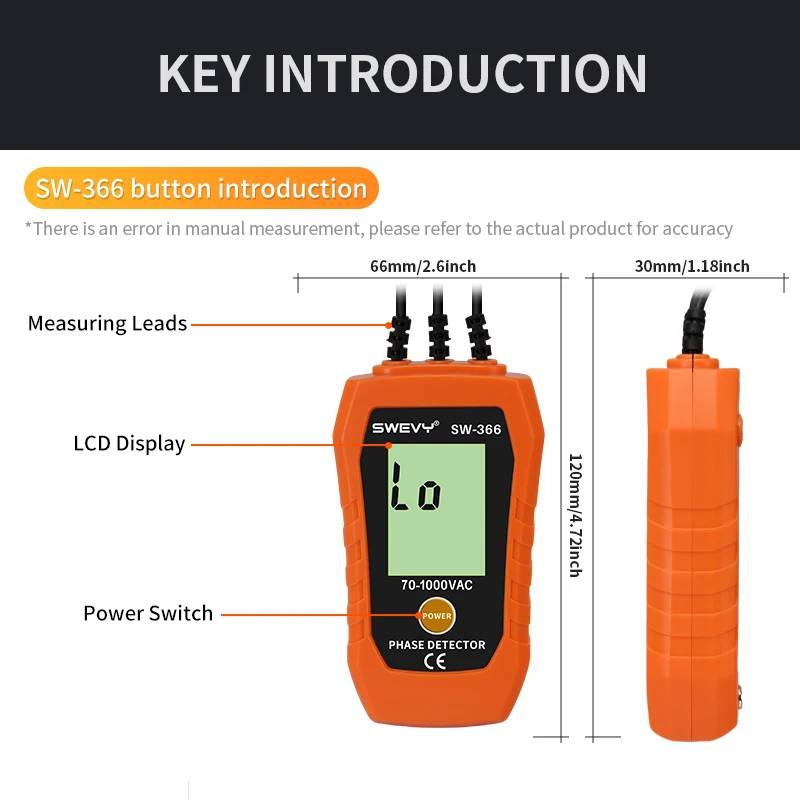 SWEVY SW366 Non-Contact Phase Sequence Meter 70-1000V AC Phase Detector Beep Prompt Phase Loss Positive Negative Tester
