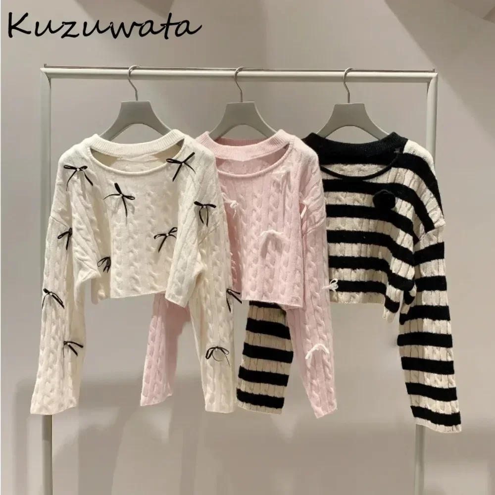 Kuzuwata New Sweet Pullover O Neck Long Sleeve Jumper Hollow Out Bow Wool All-match Knitted Japan Stripe Knit Exquisite Sweaters