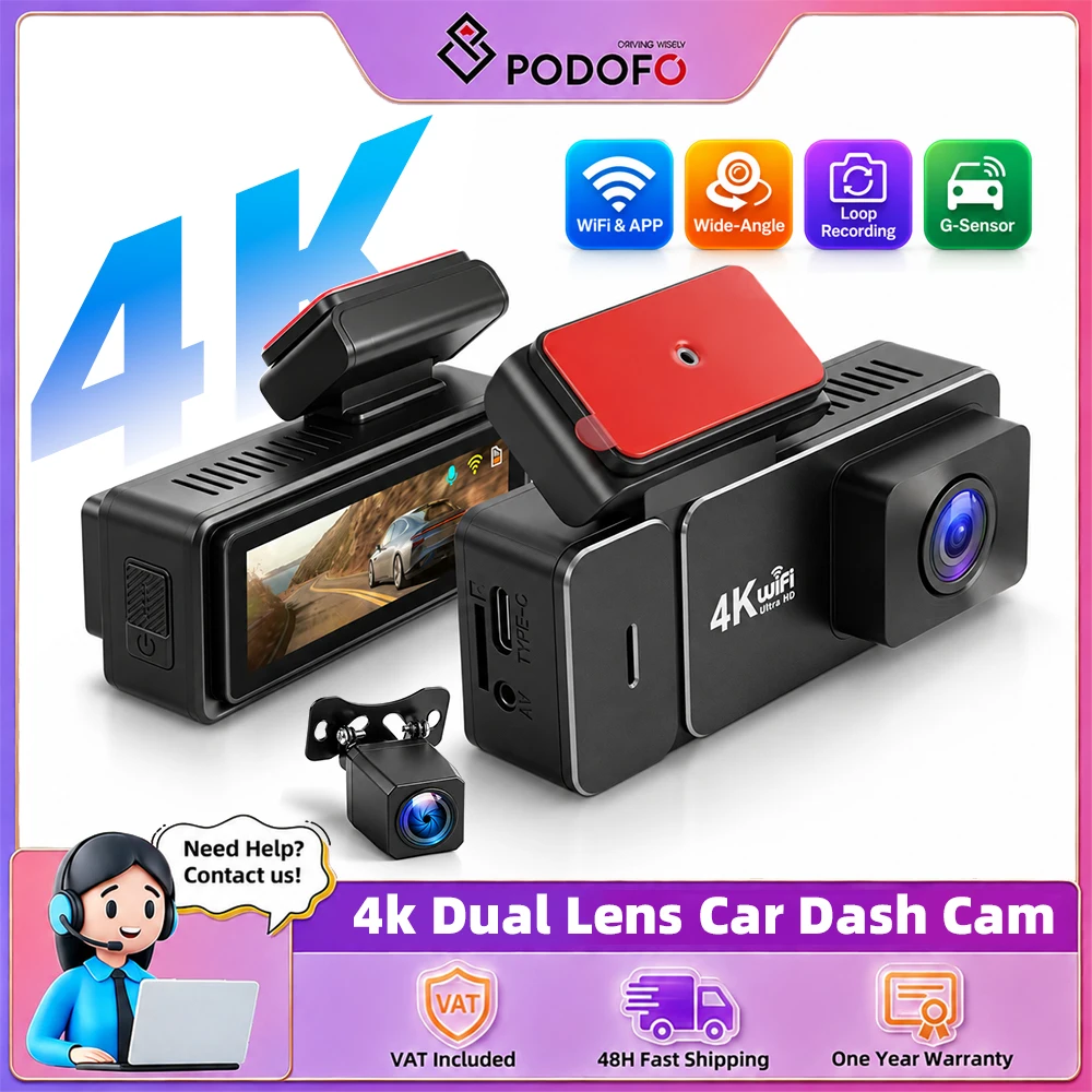 Podofo, telecamera per auto da 3,19 pollici, 4K, con visione notturna, doppia lente, registrazione video in ciclo HD e telecamera posteriore per auto 1080P.