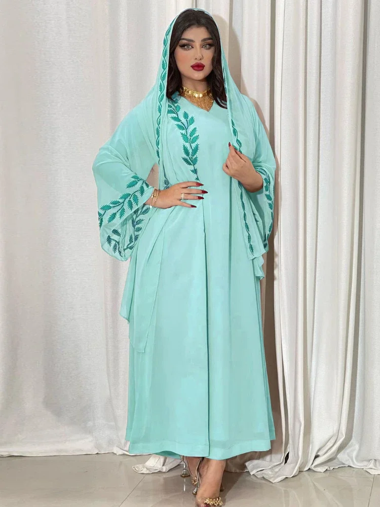 Summer Elegant Muslim Women Dress Women with Headscarf V Neck Embroidery Ankle Length Floral Moroccan Kaftan Casual Abaya 2023