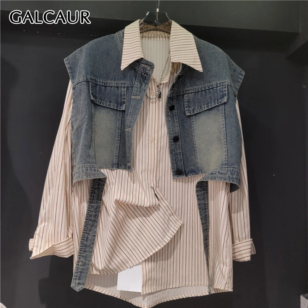 

GALCAUR Solid Spliced Striped Two Piece Set Female Lapel Long Sleeve Shirt Loose Basics Women's Vest Sets New Fashion Clothes