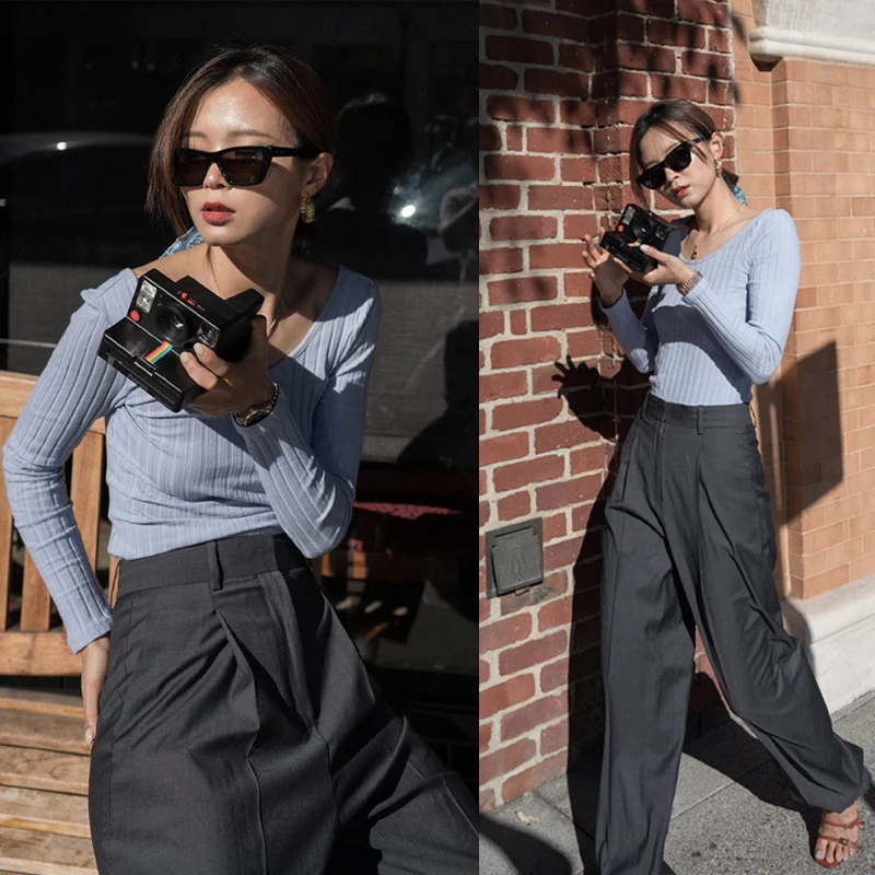 

High Waist Straight Leg Knitted Slimming Pants Women's Blue Wide Leg Trousers Fashionable Base Shirt Set Spring 2024