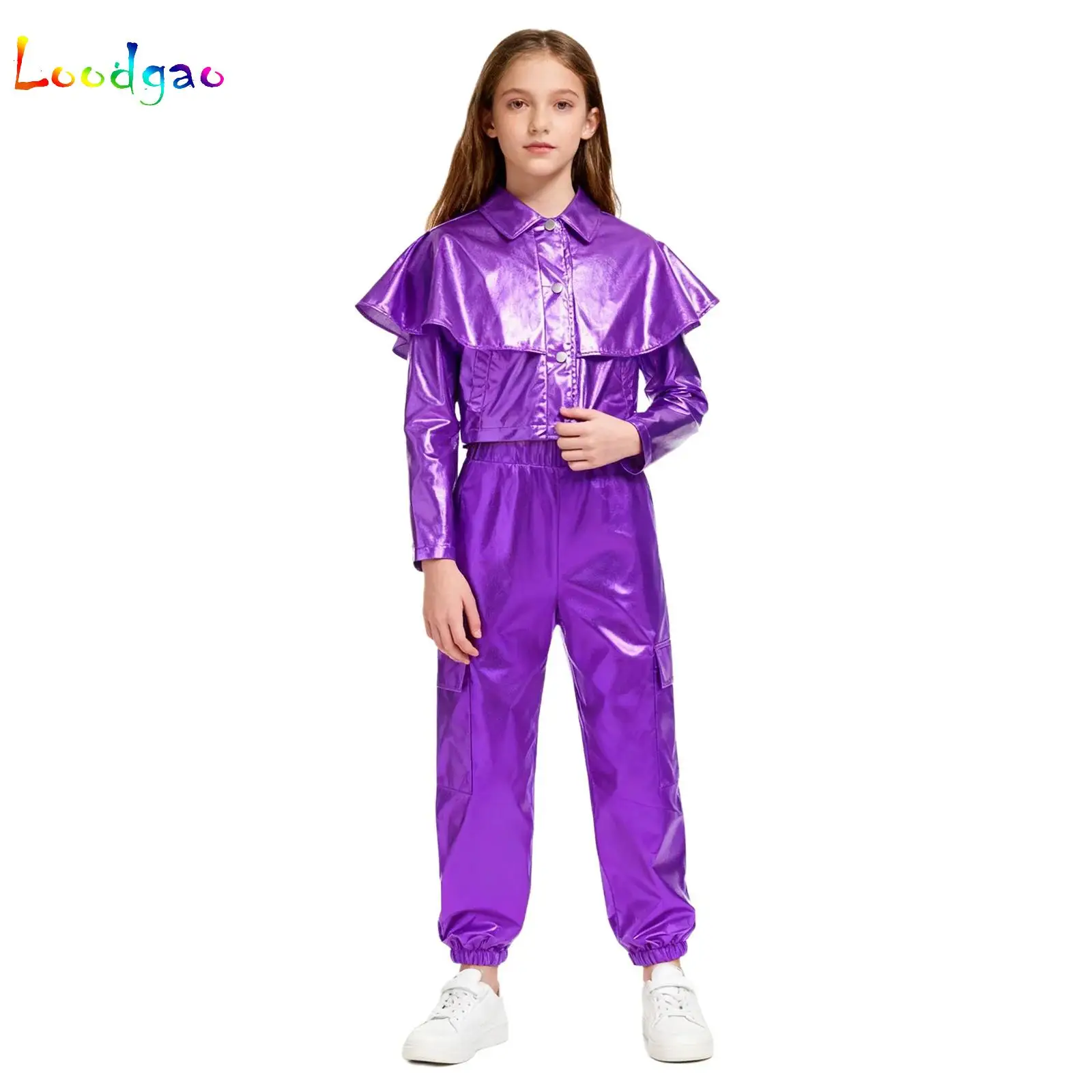 

Kids Girls Metallic Hip-hop Jazz Dance Set Fashion Long Sleeve Ruffle Jacket with Pants Hippie 70s Halloween Theme Party Clothes