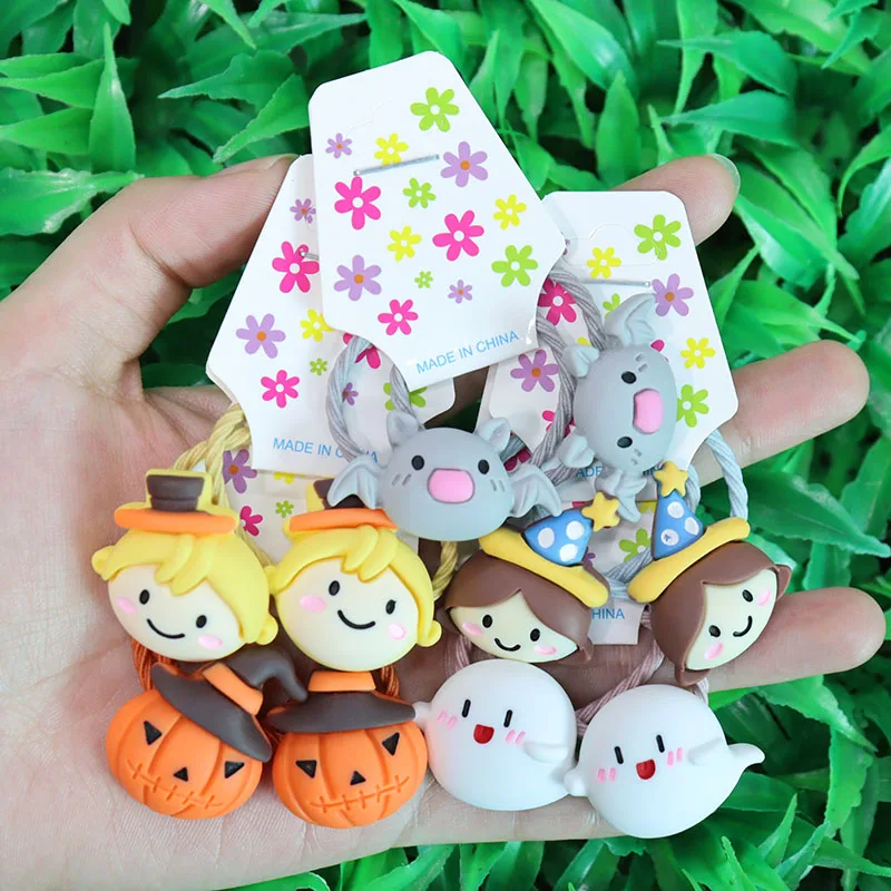 2Pcs Halloween Hair Accessories Pumpkin Bat Children\'s Rubber Band Elastic Hair Band Girls\' Headwear Accessories Decorations