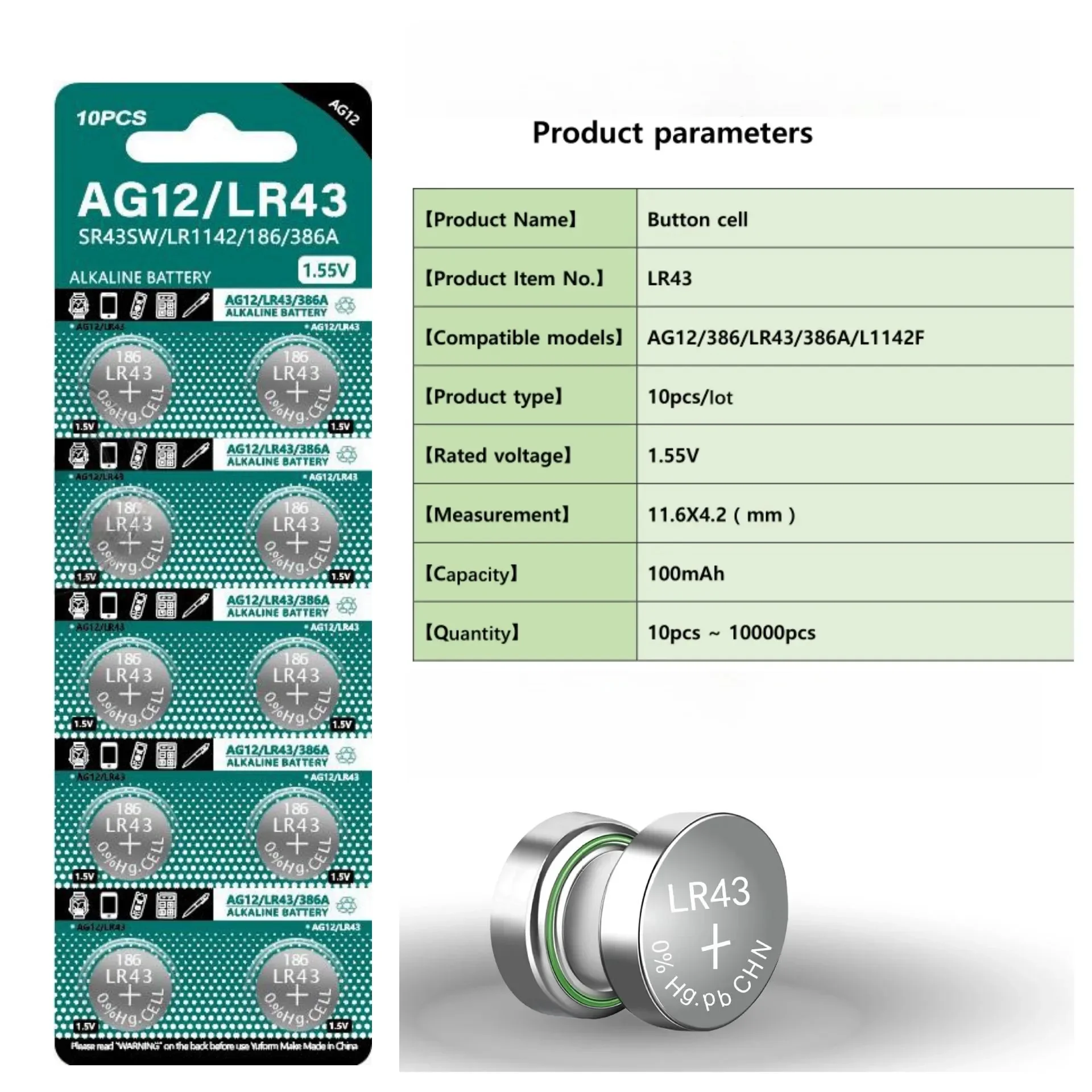 Pilas de botón AG12 LR43 AG 12 SR43 1,55 186 LR1142 V12GA, 2-50 piezas, 386 V, SR43W SR1142, batería remota para reloj de monedas