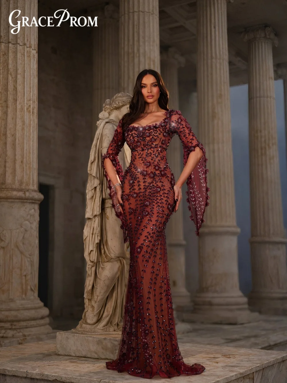 

Элегантное вечернее платье с прямым вырезом 2026, глубокий сливовый цвет, нюдовые оттенки, 3D цветы, рукава-колокол, силуэт «русалка», для гостей на свадьбу.