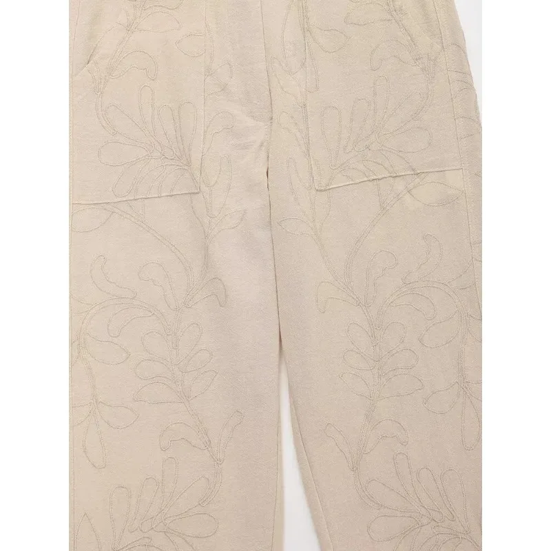 TRAF ZR Beige Pants Summer Pants Woman 2024 Korean Popular Y2k Embroidery Trousers Minimalist New in Trousers and Pants