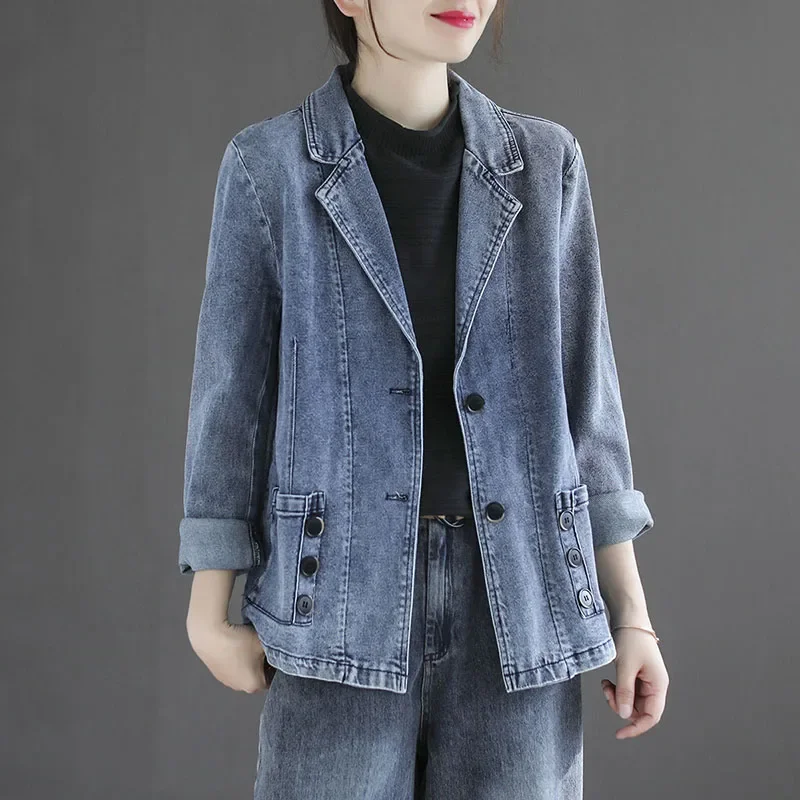 

2023 New Spring Autumn Vintage Suit Women Jeans Jacket Casual Tops Loose Short Denim Suit Outwear Female Cowboy Basic Coat