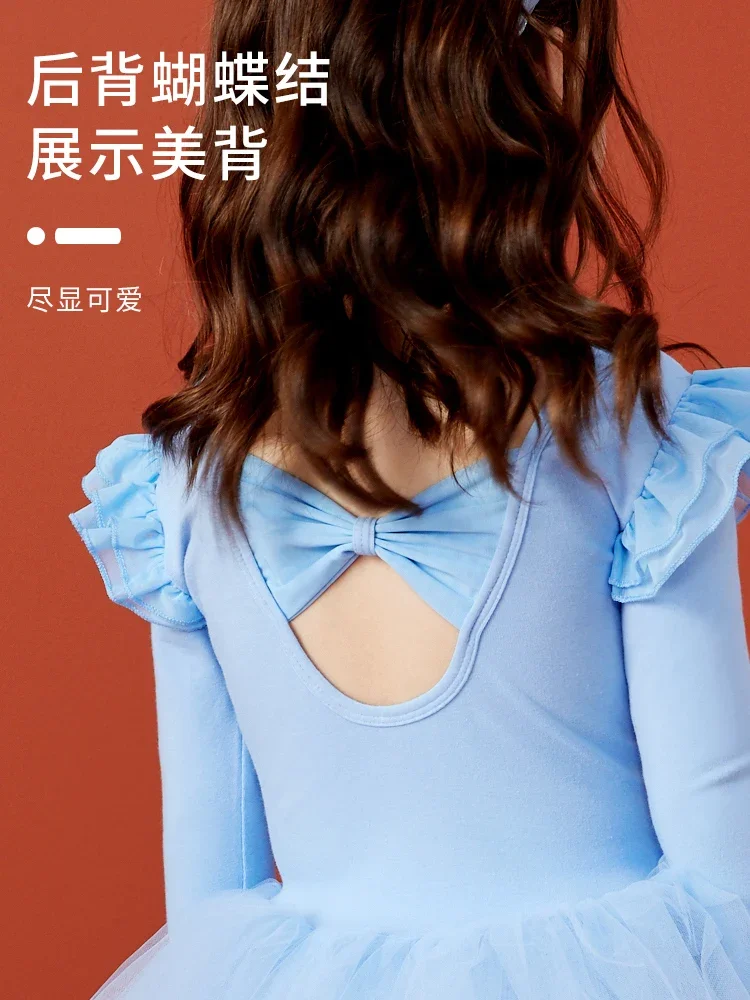 Taniec baletowy sukienka Tutu dla dzieci z długimi rękawami tiulowa Bowknot deskorolka gimnastyka bożonarodzeniowa impreza trykotu odzież taneczna dla dziewczynek