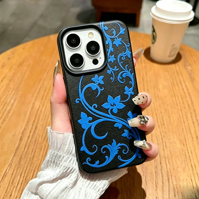 Blue Floral Vine Leather Case For Samsung A05S A06 A07 A15 A16 A17 A34 A35 A53 A54 A55 S23 S24 FE S25 Ultra A26 A36 A56 Case