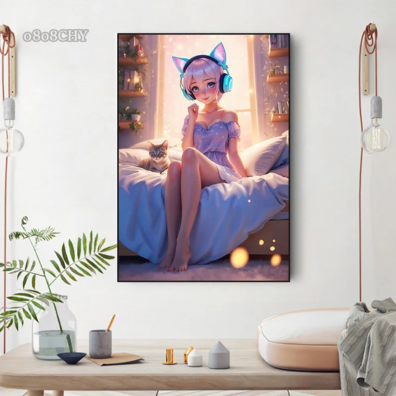 Hot Sexy Anime Beach Girl Canvas Posters and Prints Beautiful Manga Girl Canvas Painting Wall Art Pictures for Home Room Decor