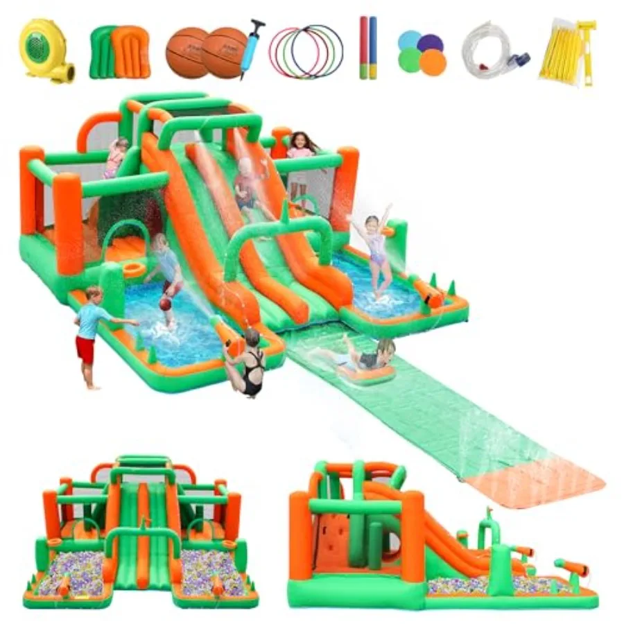 Backyard water slide for kids: double racing slides bounce houses, 20ft runway with surfboards, durable PVC material, blue and