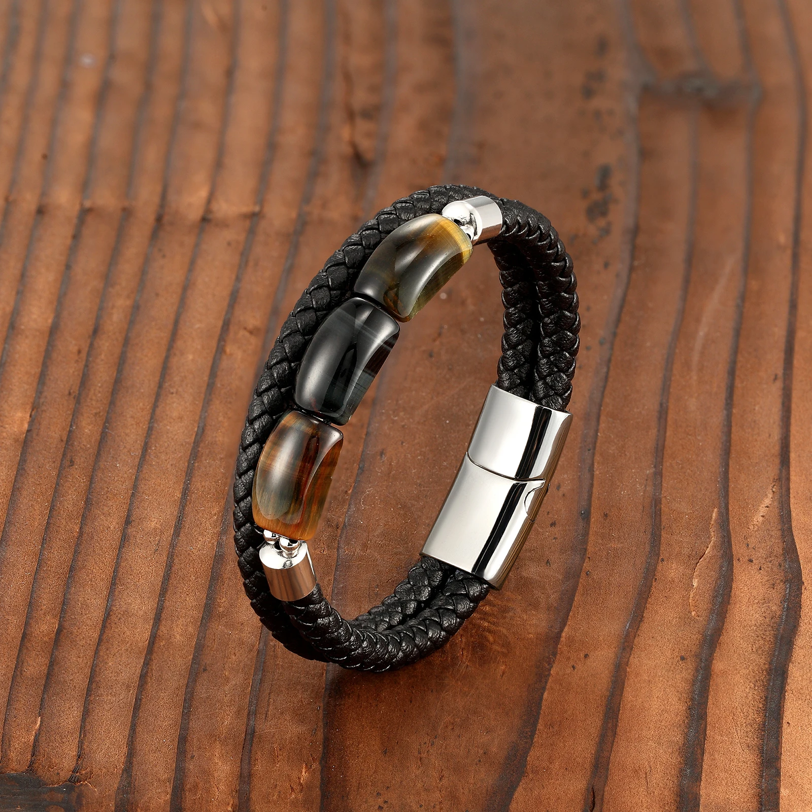 Moon Shape 100% Natural Tiger Eye Stone Vintage Jewelry Leather Rope Charm Bracelet 316L Stainless Steel Unisex Bracelet