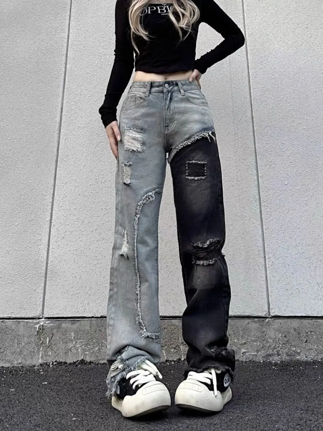 Womens Bell Bottom Jeans Contrasting Colors Splicing Denim Pants for Women High Waist Shot Ripped Trousers Retro Gyaru Aesthetic