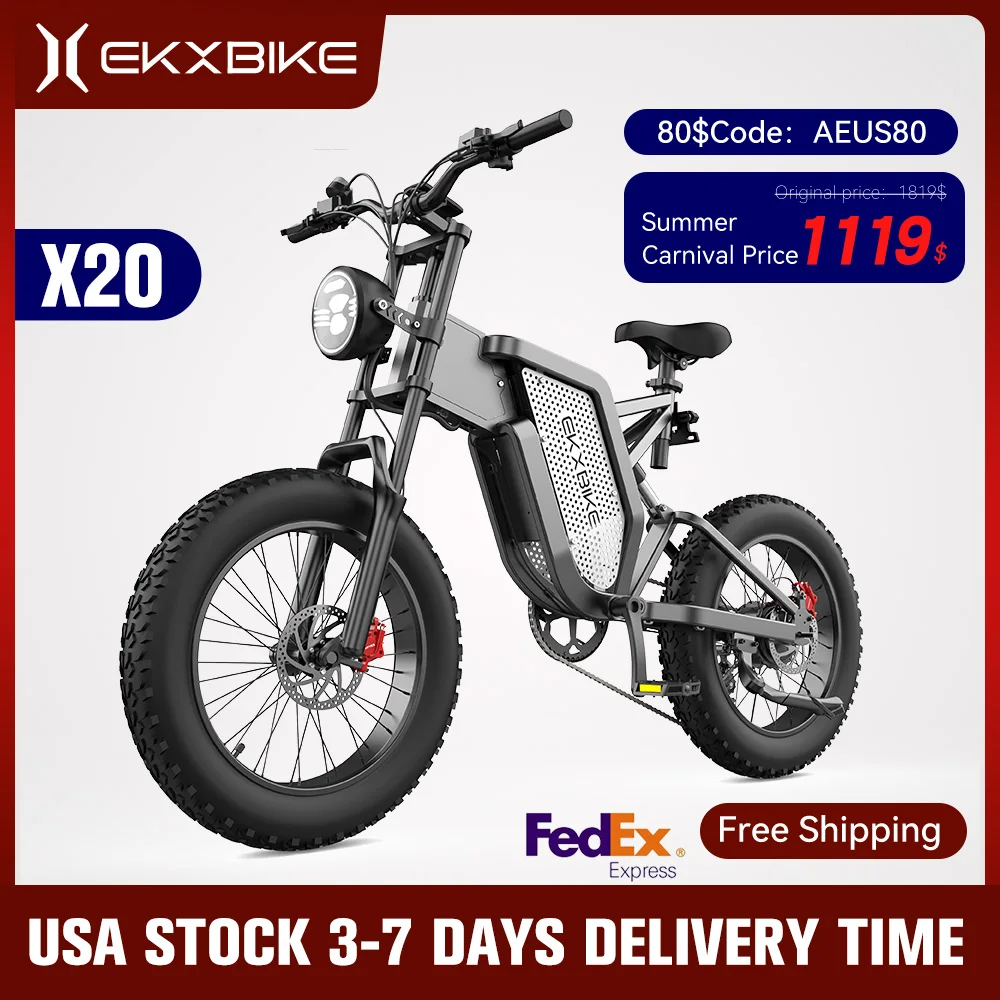 EKX X20 Electric Bike Mountain Moped Ebike 20 Inch Fat Tire 2000W 48V 35AH Men's Road EBike Electric Bicycle For Adults E Bikes