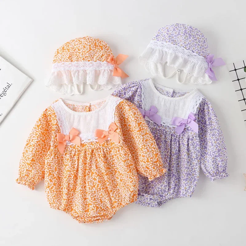 2026 Nowa Wiosenna Kombinezon dla Niemowląt Dziewczęcych z Kapeluszem, Długi Rękaw, Bawełniany Nadruk, Pajacyk dla Niemowląt Dziewczynek 0-24M, Ubrania Dziecięce