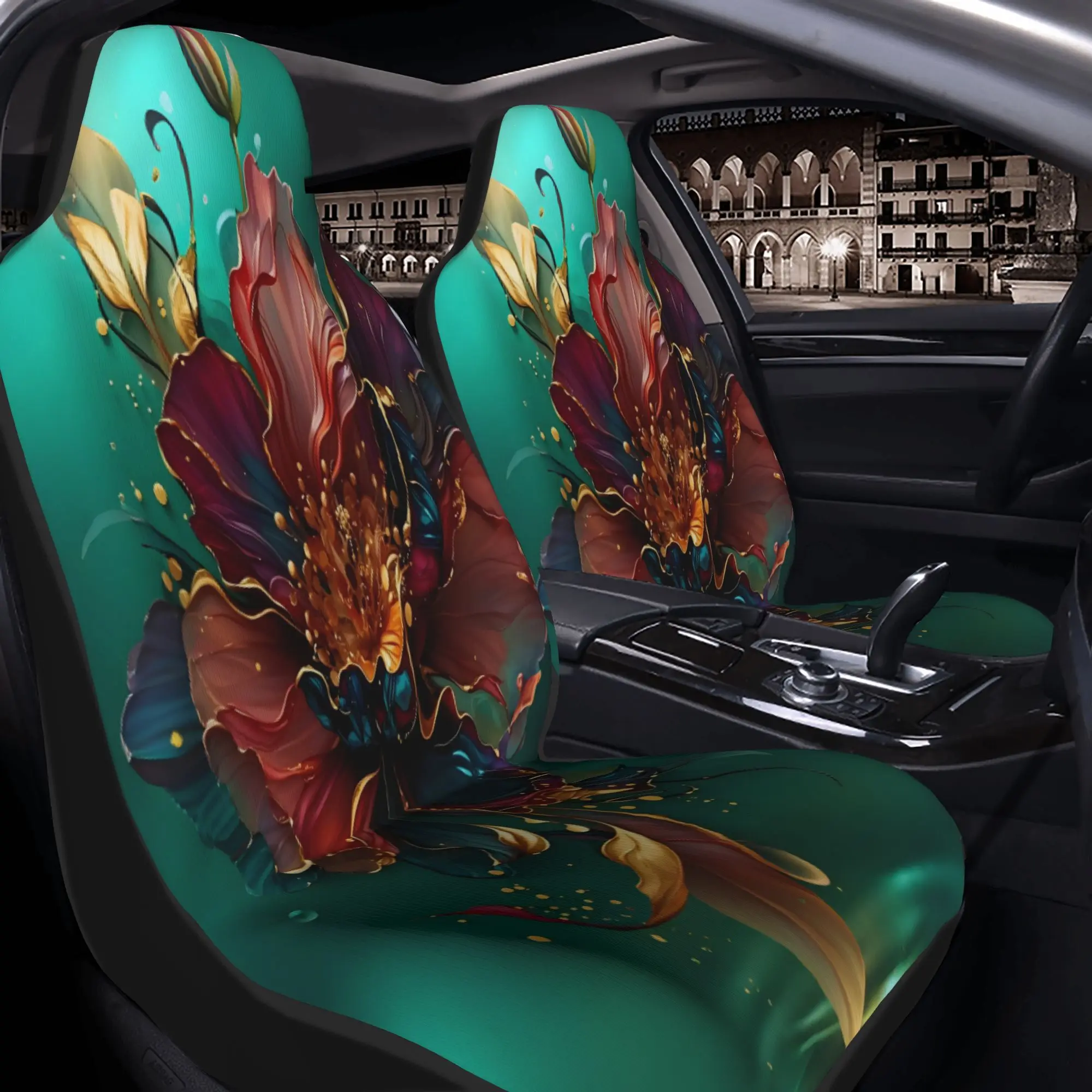 2 housses de siège de voiture à motif floral éthéré : pétales vibrants avec accents dorés sur fond turquoise |   Convient aux SUV