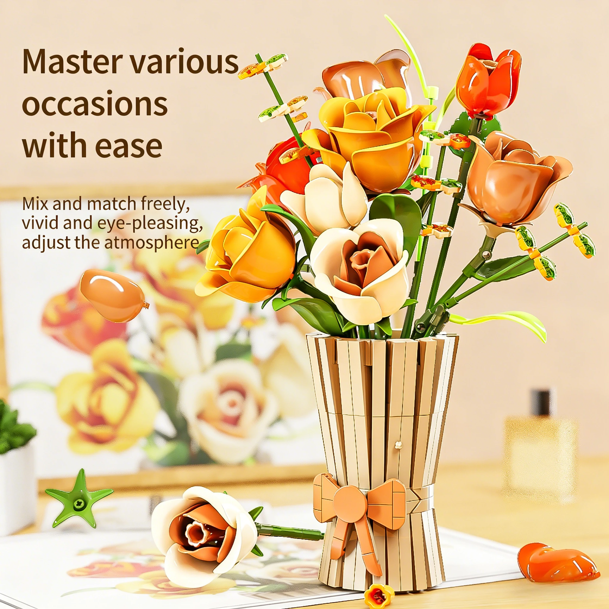 MJ BLOCK Rose Potted House Decoration Creativiteit MOC Model Bricks DIY Bloemen Speelgoed Bouwsteen Geschenken voor meisjes Volwassenen