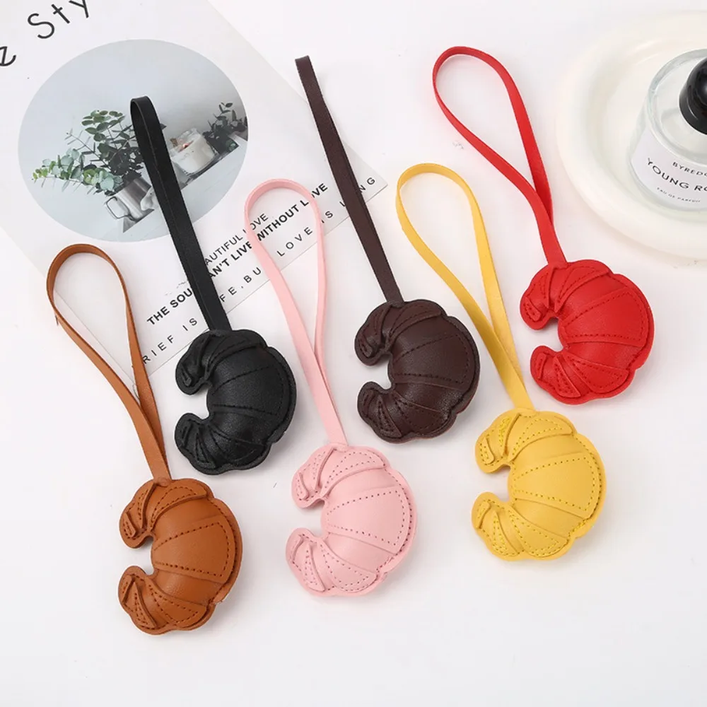 Cute Croissant Faux Leather Keychain Mini Bread Shape Bag Charm Colorful Wrist Strap Pendant Women Bag Decor Accessory
